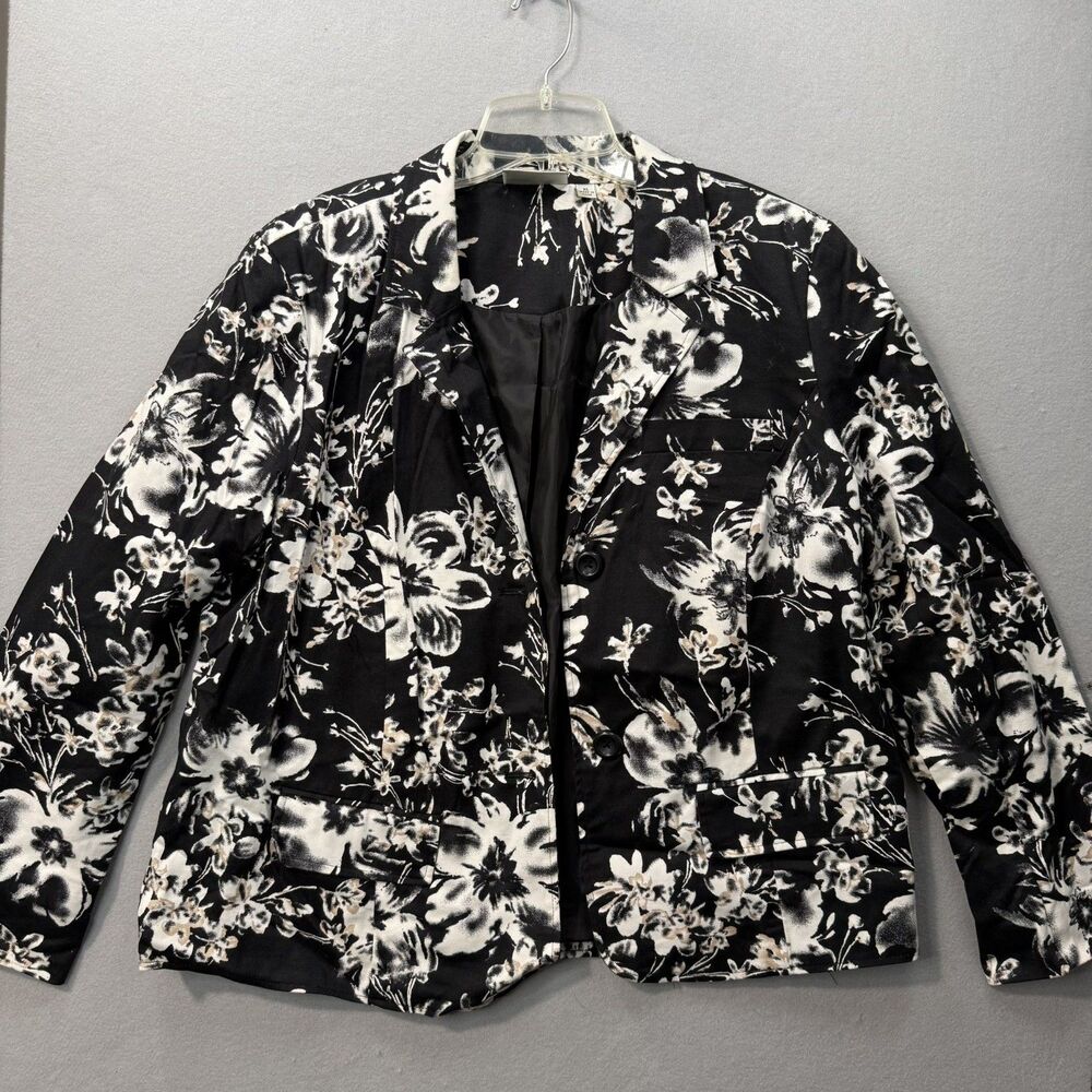 Studio Works Womens Blazer XL Black White Floral Tropical Jacket Career Casual